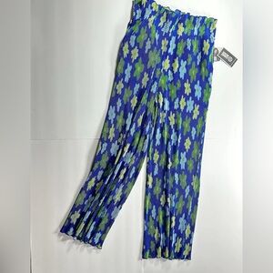 Black History Month Pants Plus Size L Wide-Leg Ruffle-Elastic Waist Blue Floral